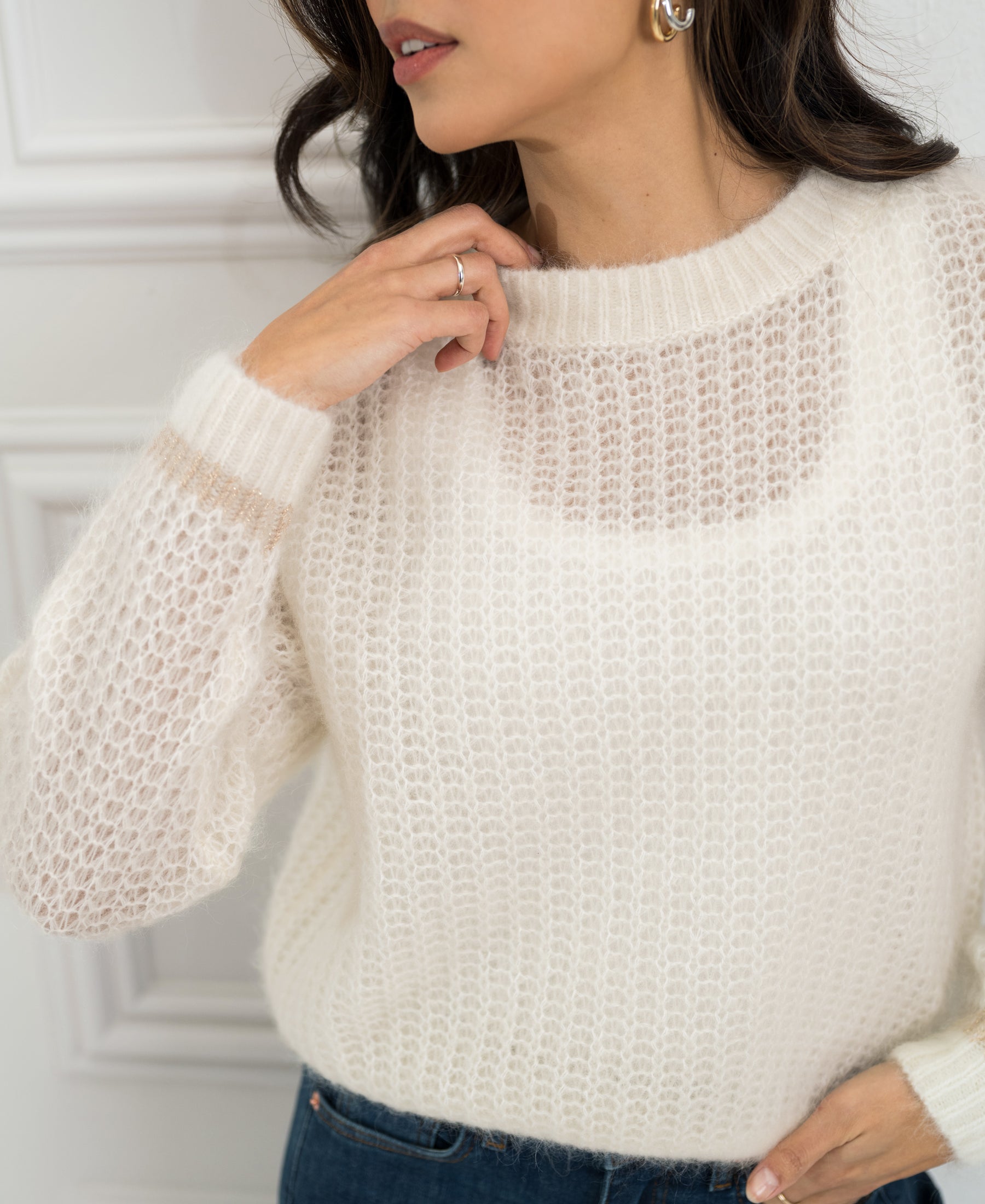 Semi-oversized ivory white mohair sweater from PLEIN PUBLIQUE, shown worn by a woman.