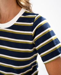 Close-up of striped navy-blue and olive-green short-sleeve T-shirt by Plein Publique, LA DYLAN style.