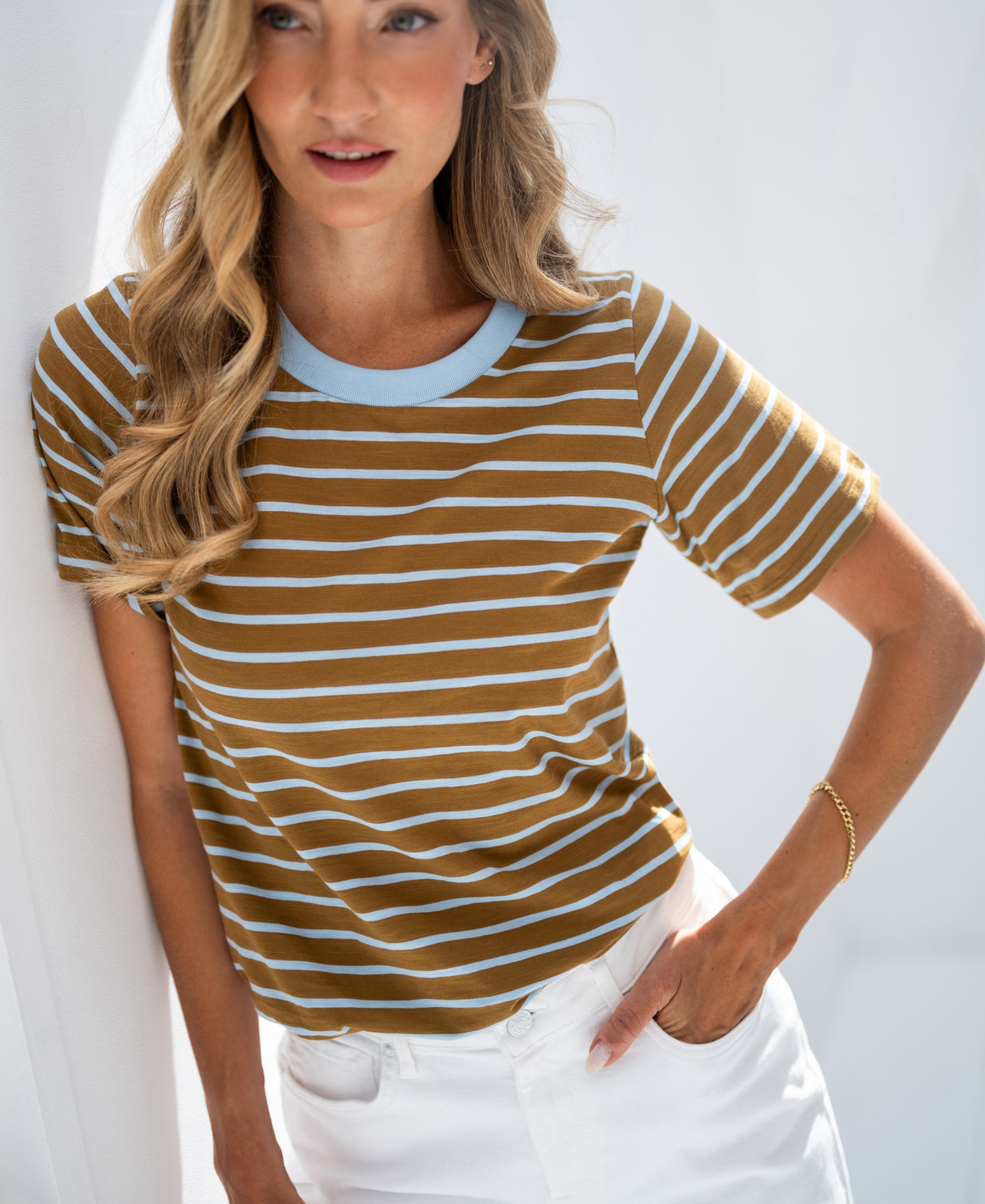 Striped PLEIN PUBLIQUE LA DYLAN T-shirt in gold yellow and light blue, shown against a white background.