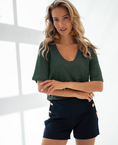 Linnen T-shirt LA DOMI Mistgroen