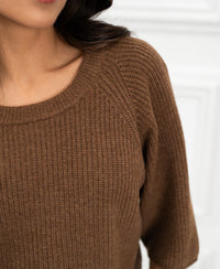 Shoulders-down view of the Tobacco LA FRAMBOISE sweater by PLEIN PUBLIQUE.