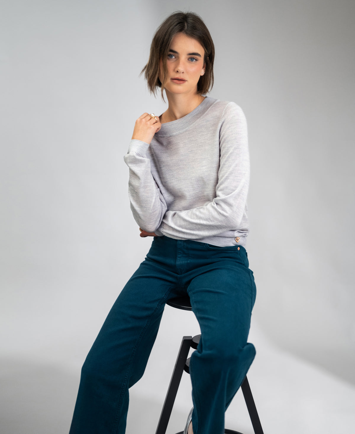 Merino-Pullover LA GIGI Hellgrau meliert
