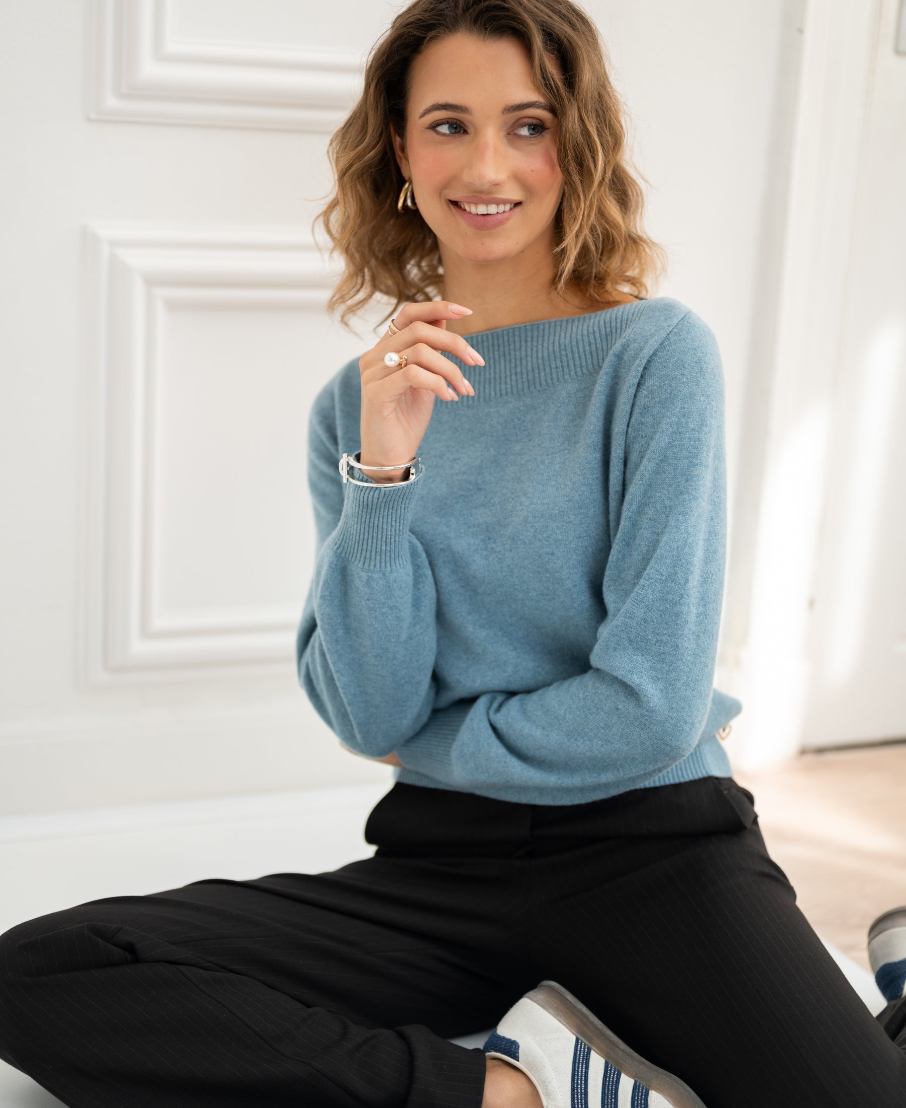 Trui met boothals LA JACQ Mistblauw