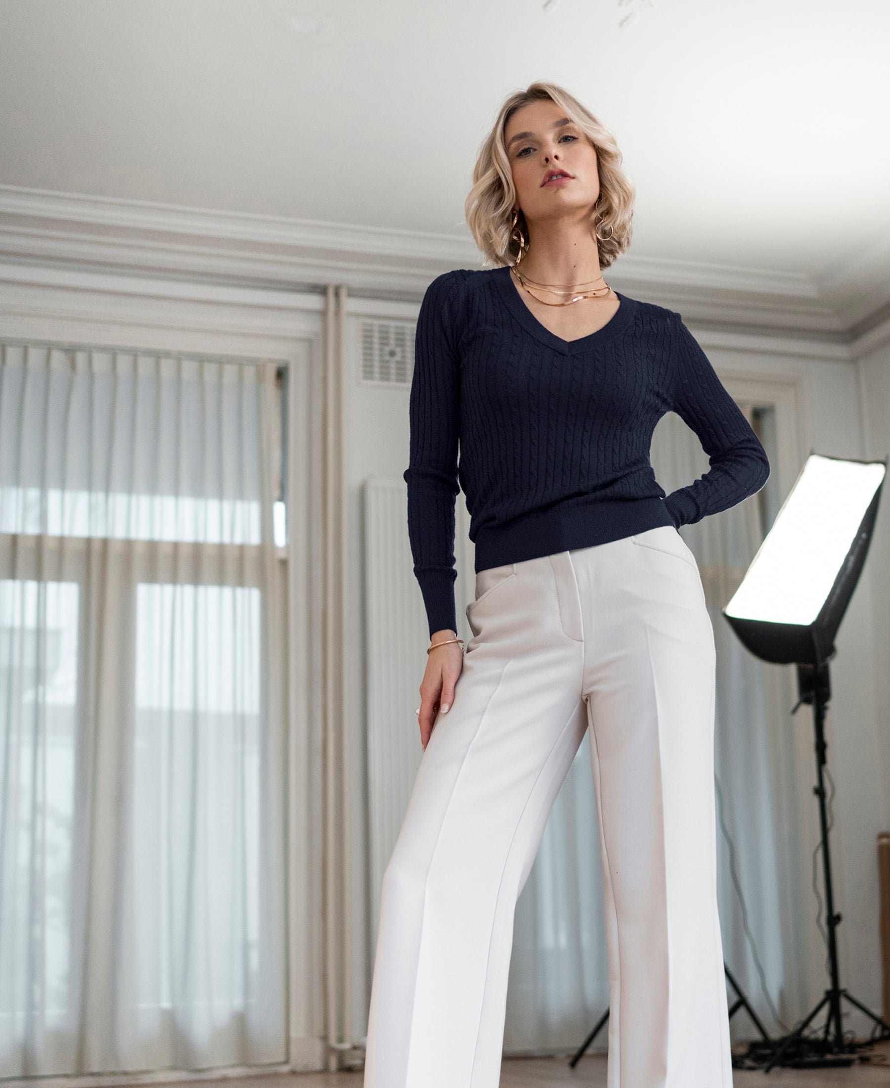 V-neck cable knit sweater LA JULYA Dark blue