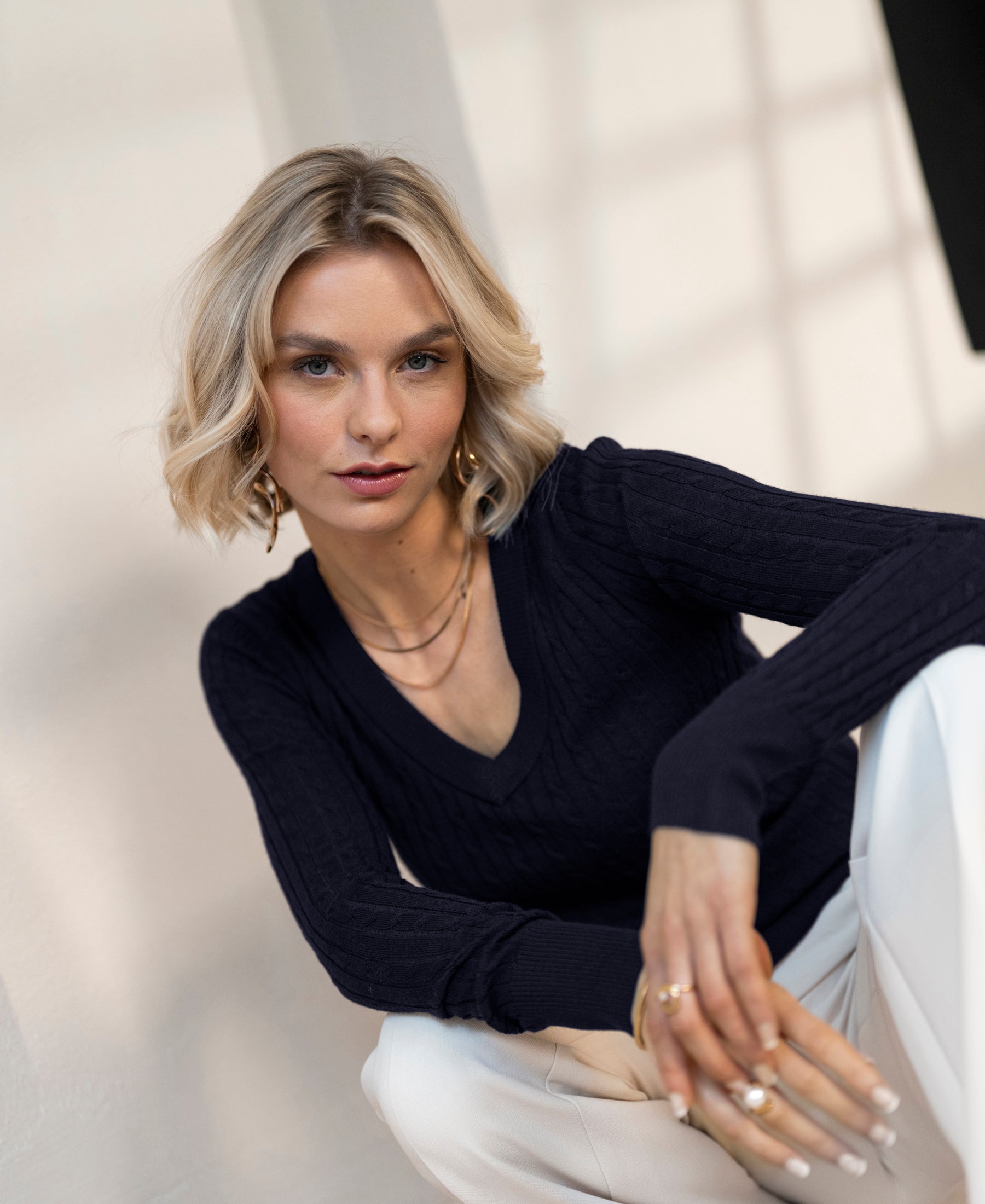 V-neck cable knit sweater LA JULYA Dark blue