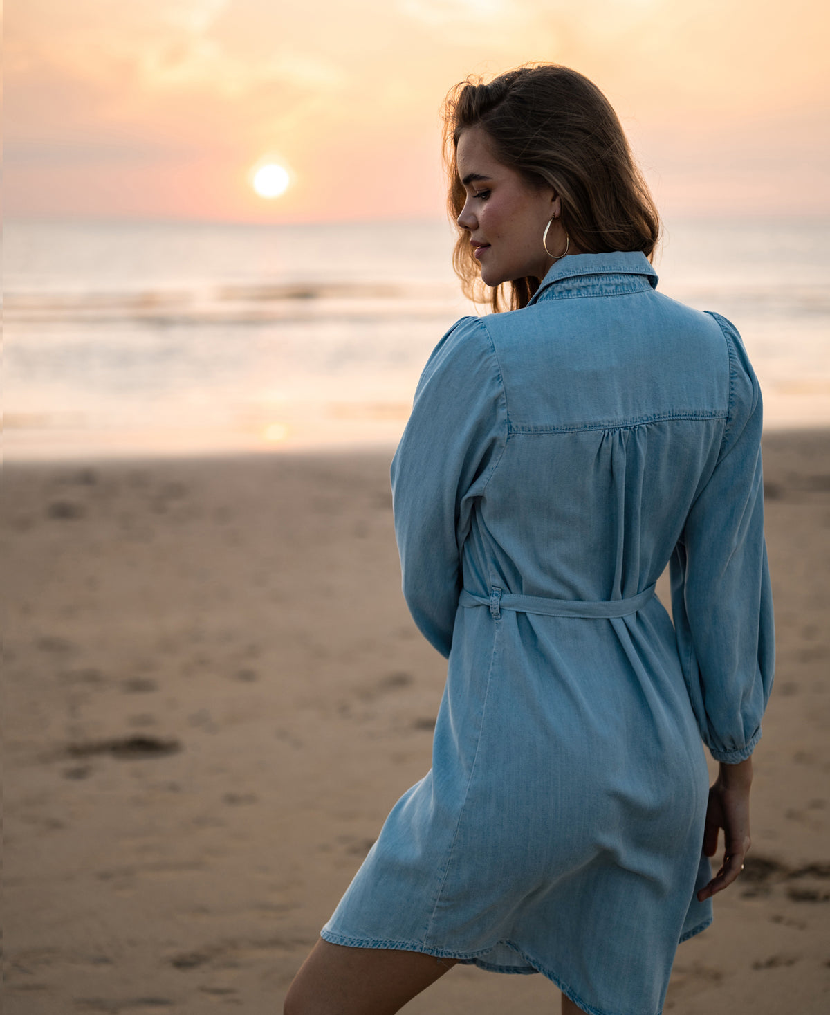 Bleached denim blue tencel through-button dress LA LAVE