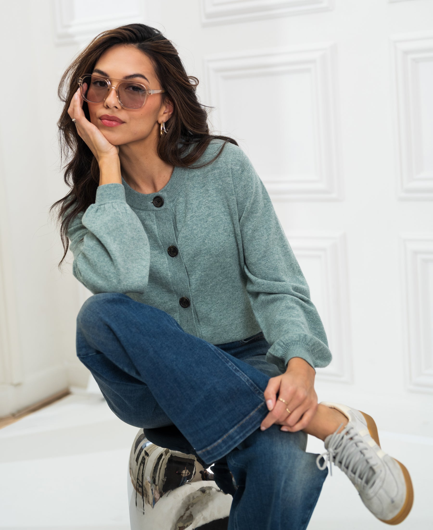 Light green crew neck cardigan by PLEIN PUBLIQUE, LA LEA style.