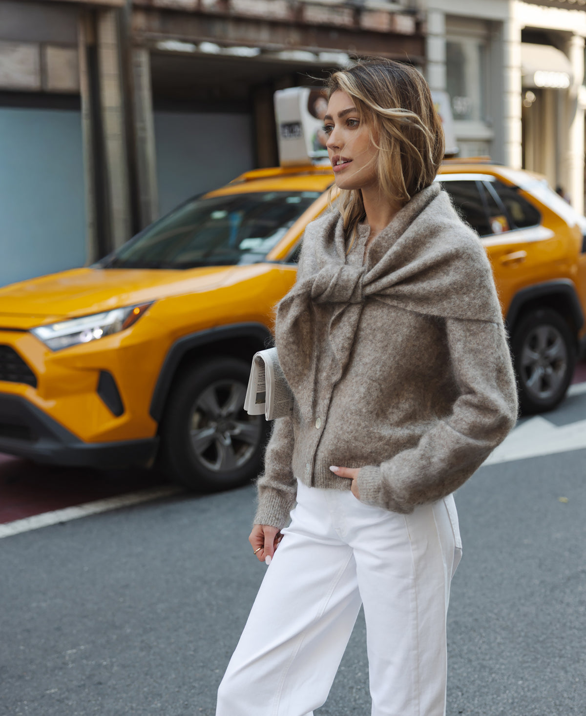 PLEIN PUBLIQUE mohair vest in sand color, shown outdoors; size advice available.