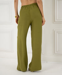 Olive wide-leg pants with elastic waist, shown from the back.