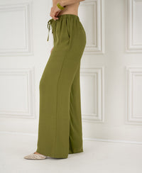 Wide-leg olive green pants with elastic waist by PLEIN PUBLIQUE, style LA LYNETTE.