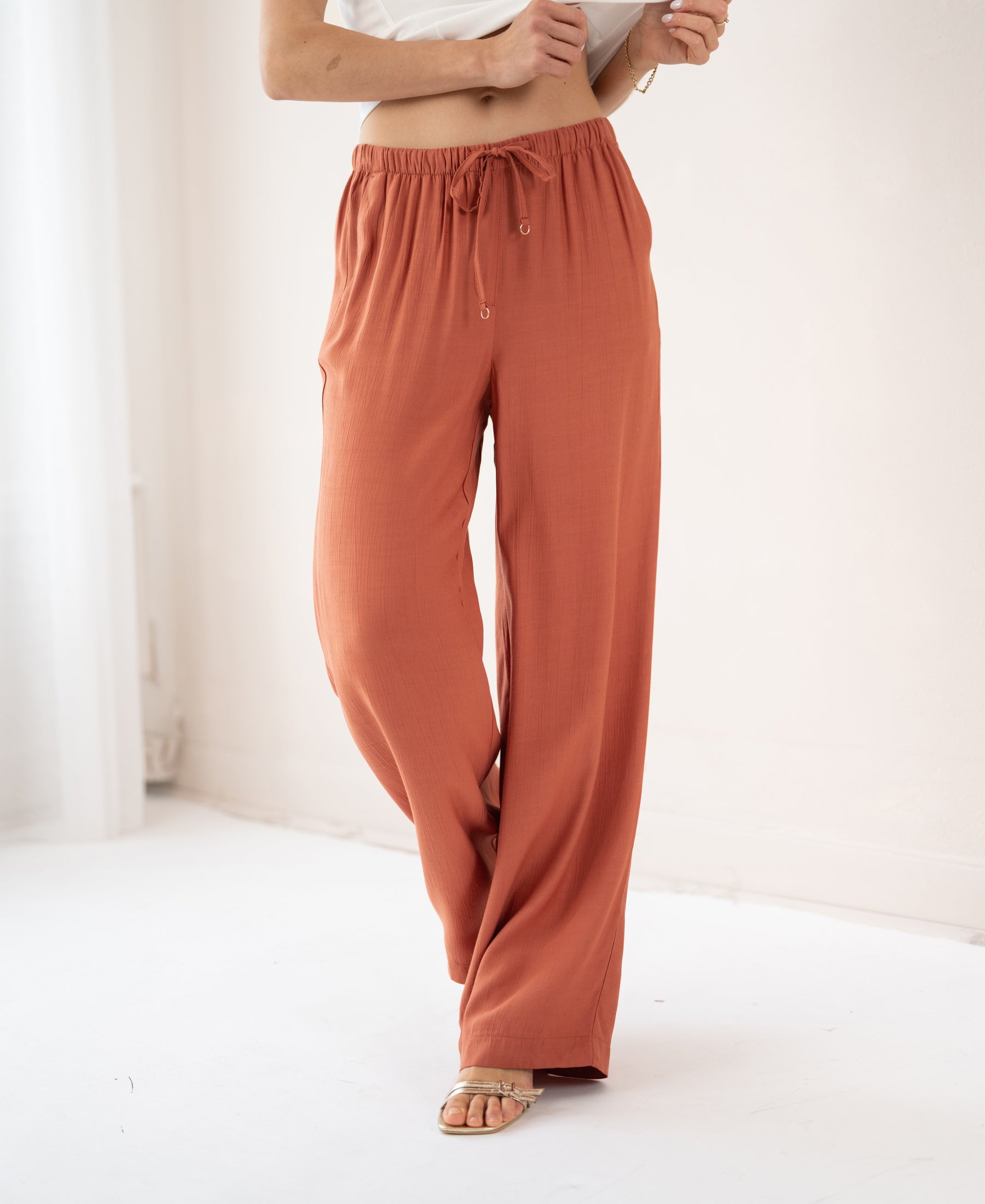 Wide leg terra-colored pants in soft fabric, shown indoors against a white background.