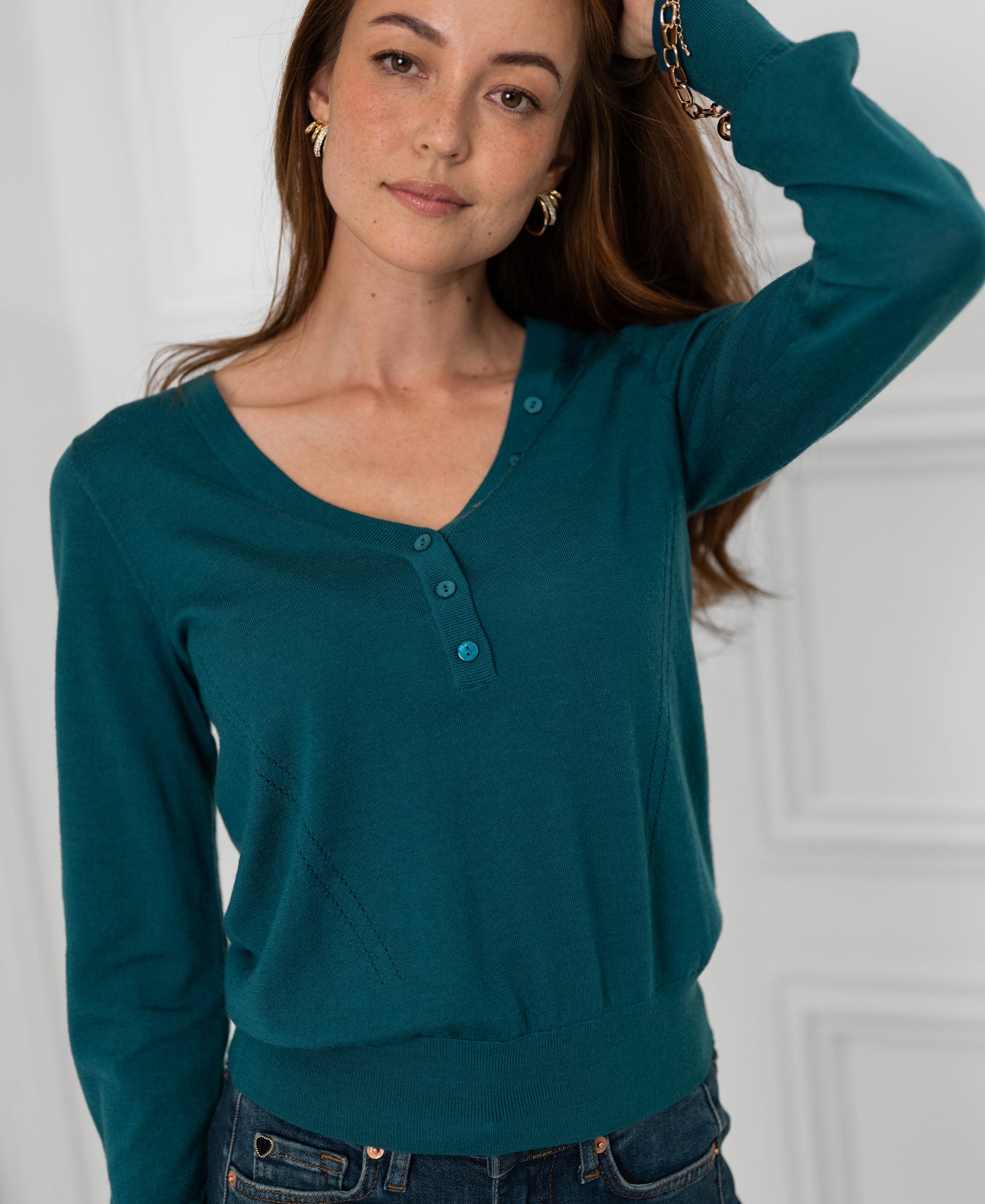 Merinotrui met knoopdetail LA MADELEINE Dark Teal