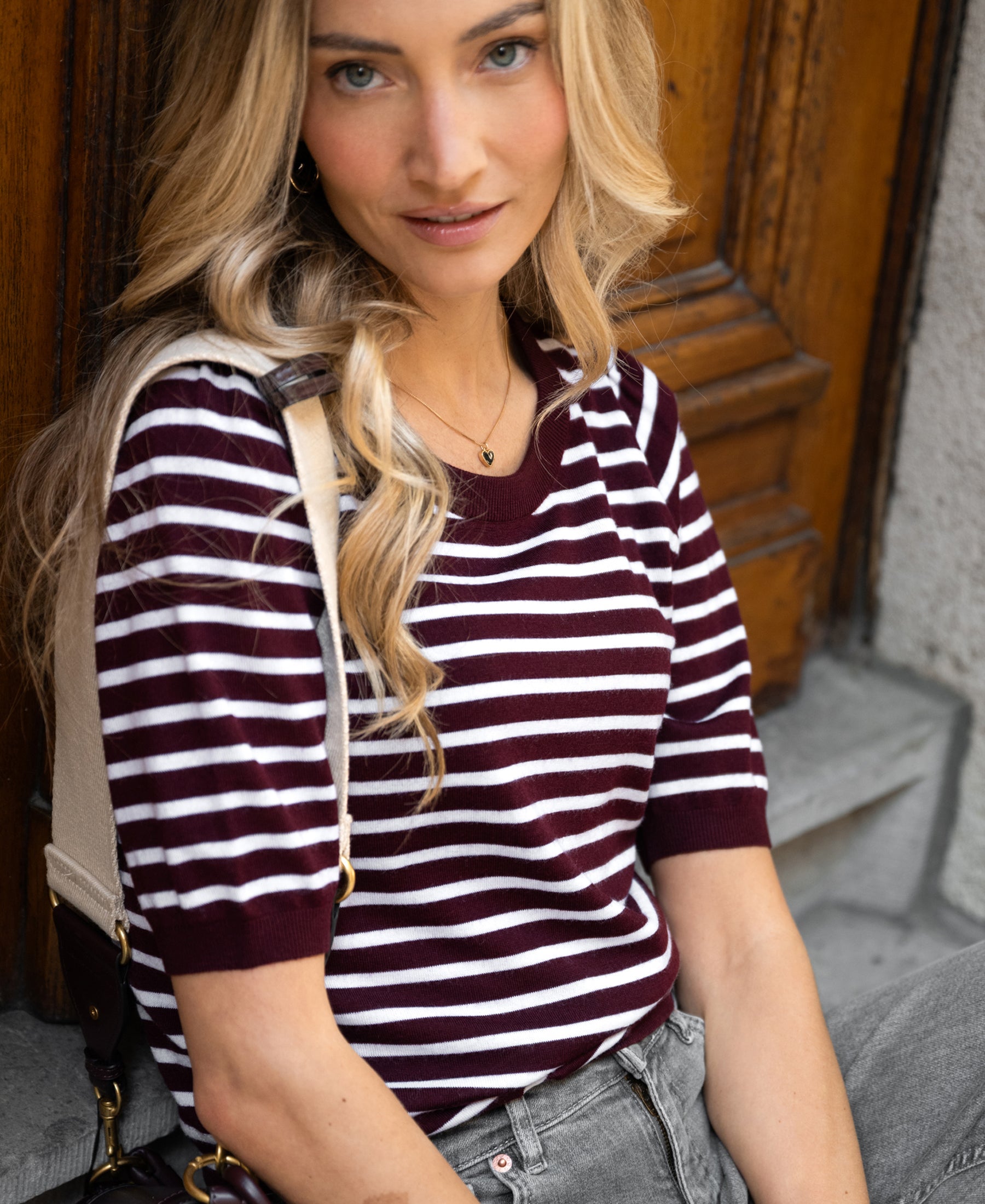 Striped sweater LA MILOU Bordeaux-Ivory