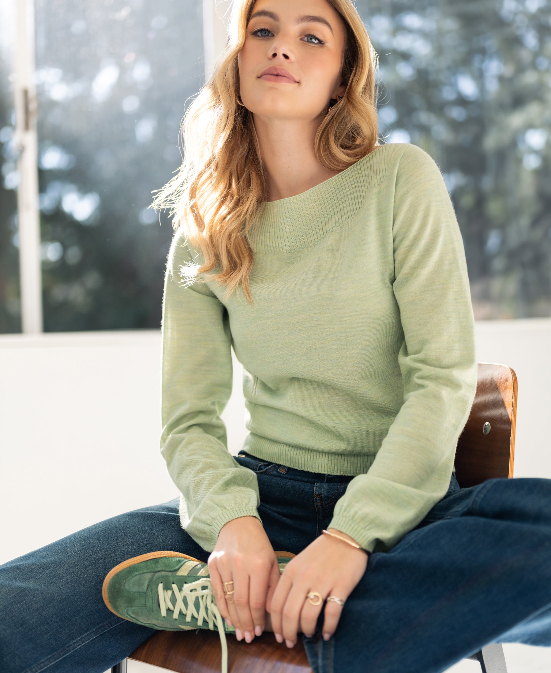 Light green LA MUSE boat neck sweater by PLEIN PUBLIQUE.