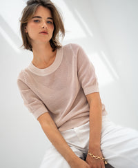 PLEIN PUBLIQUE mesh sweater LE NANCY with silk in light sand color, shown indoors.