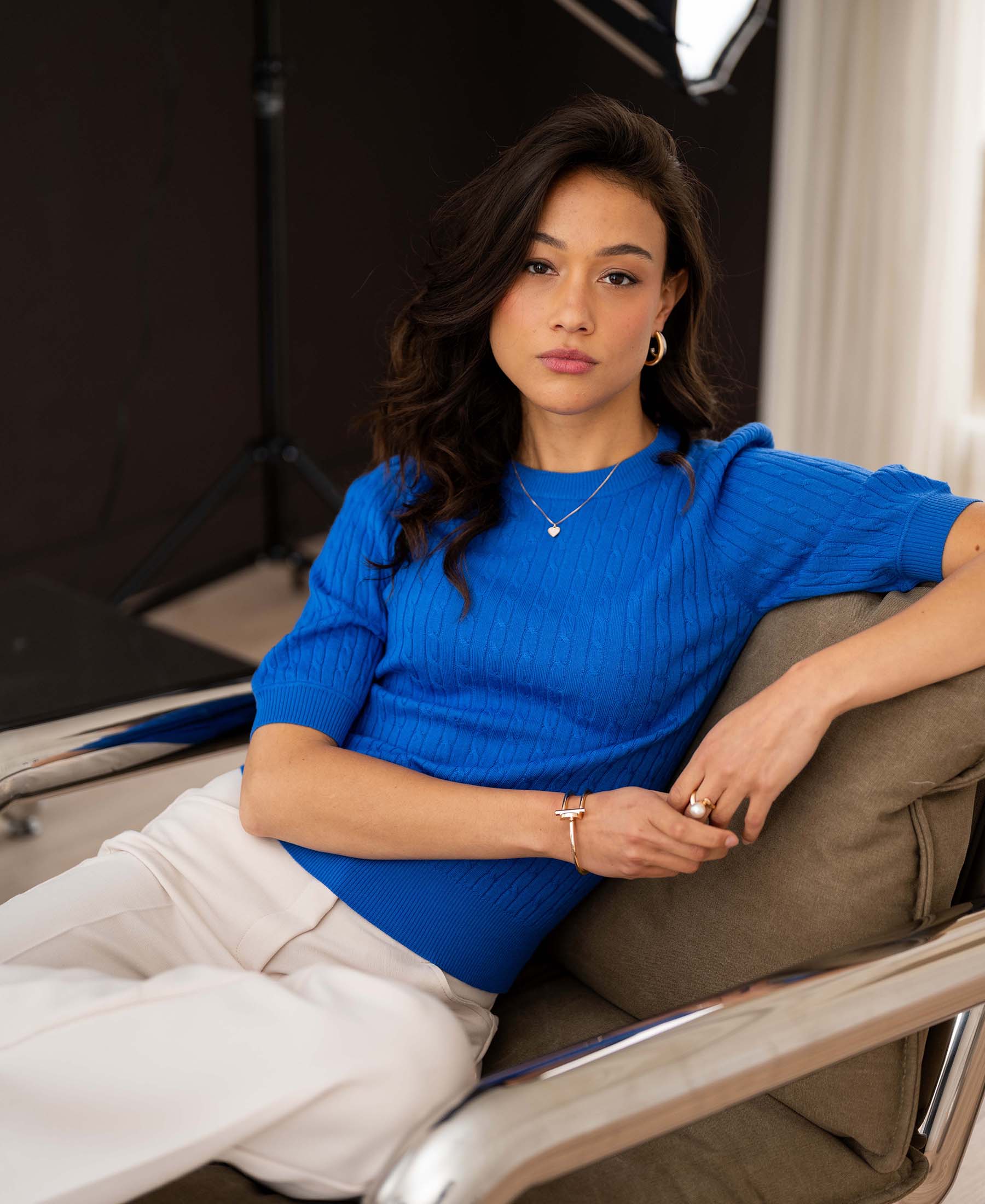 Cable knit short sleeve sweater LA NONNA Blue