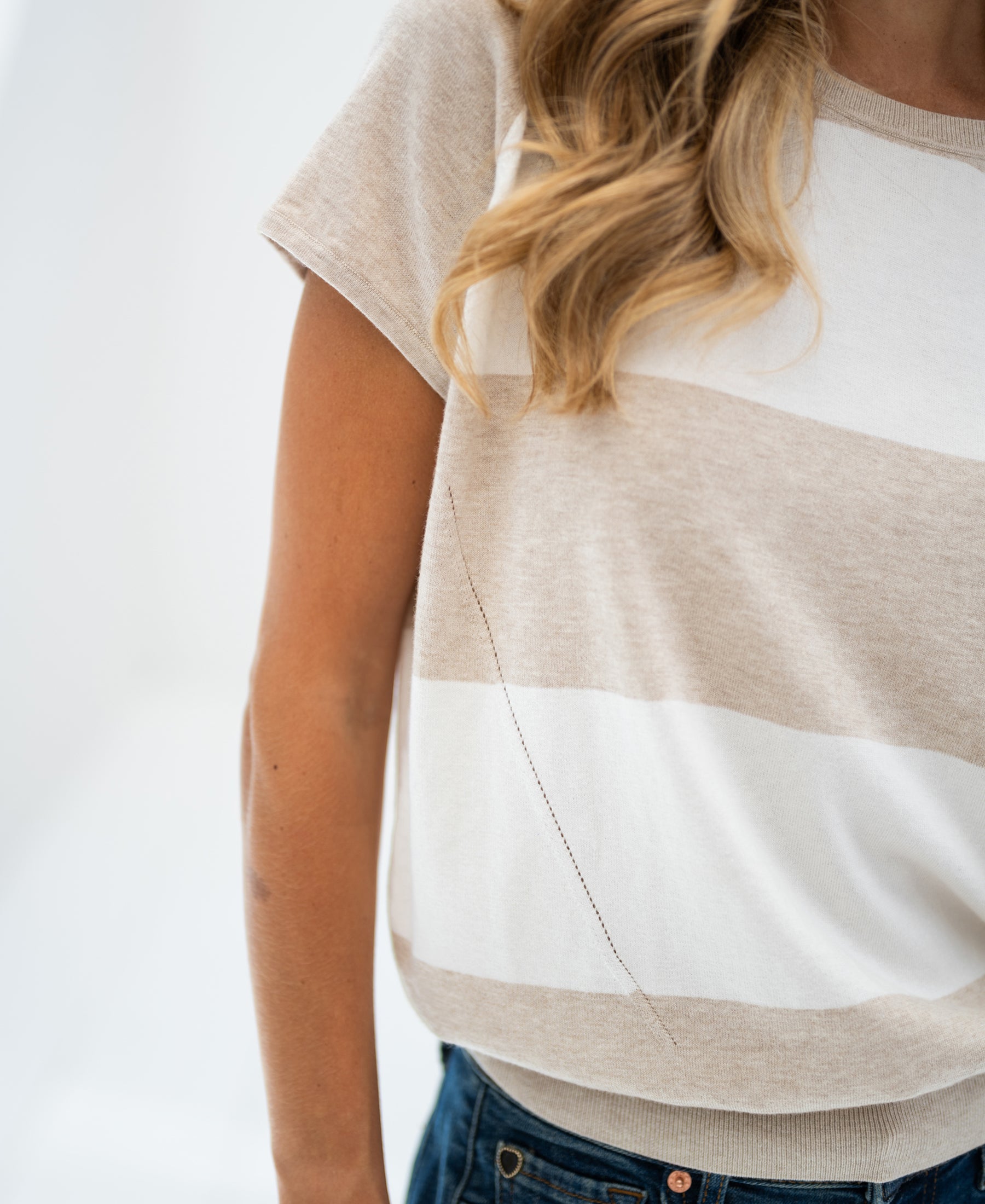 Short-sleeved striped LA PALOISE sand-ivory sweater by PLEIN PUBLIQUE, shoulder to waist view.