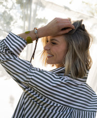 White and olive green striped LA PASCALLE blouse from PLEIN PUBLIQUE.