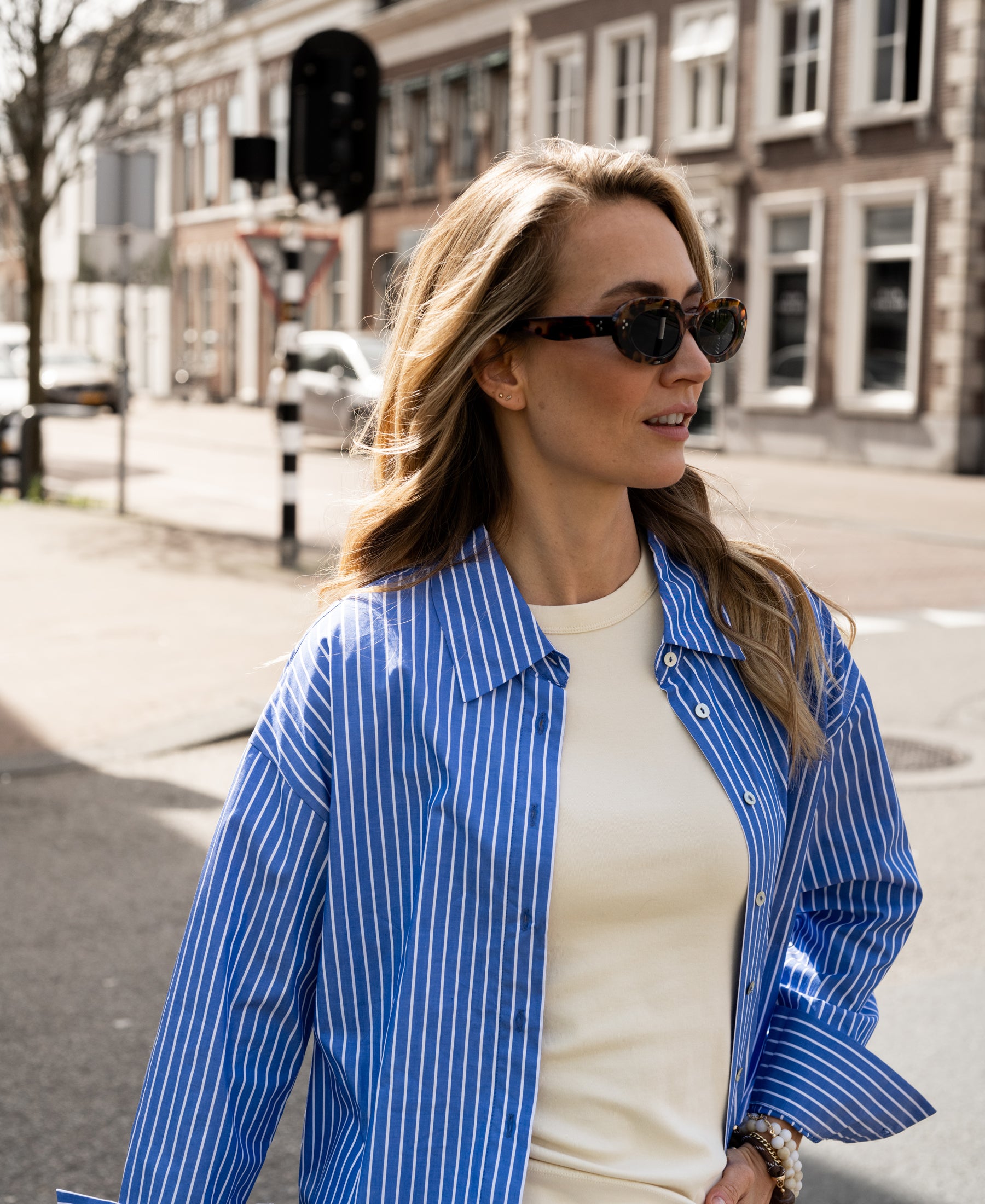 LA PASCALLE blue-white striped blouse by PLEIN PUBLIQUE, front view.