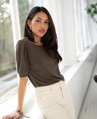 Ribbed T-shirt in dark sand color by Plein Publique, shown worn by model.