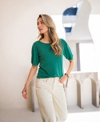 Emerald green ribbed T-shirt by PLEIN PUBLIQUE, shown in a front view.