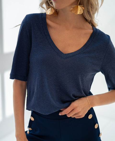 Linnen T-shirt LA DOMI Donkerblauw