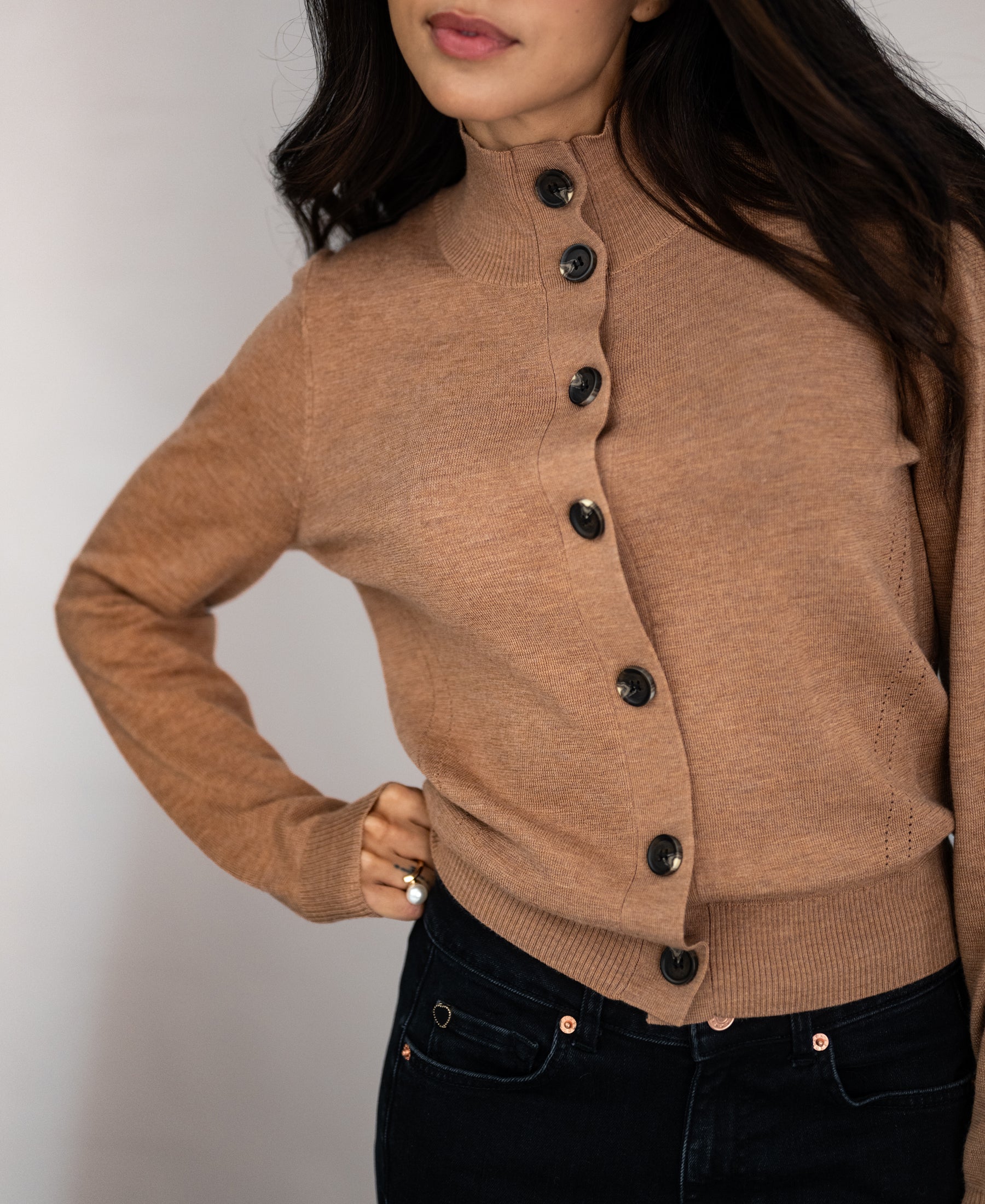 Merino wool turtleneck cardigan LES SEIZE Chai tea