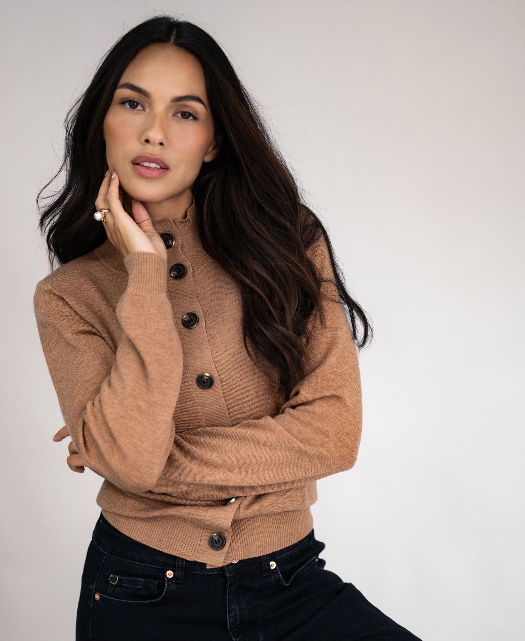 Merino wool turtleneck cardigan LES SEIZE Chai tea