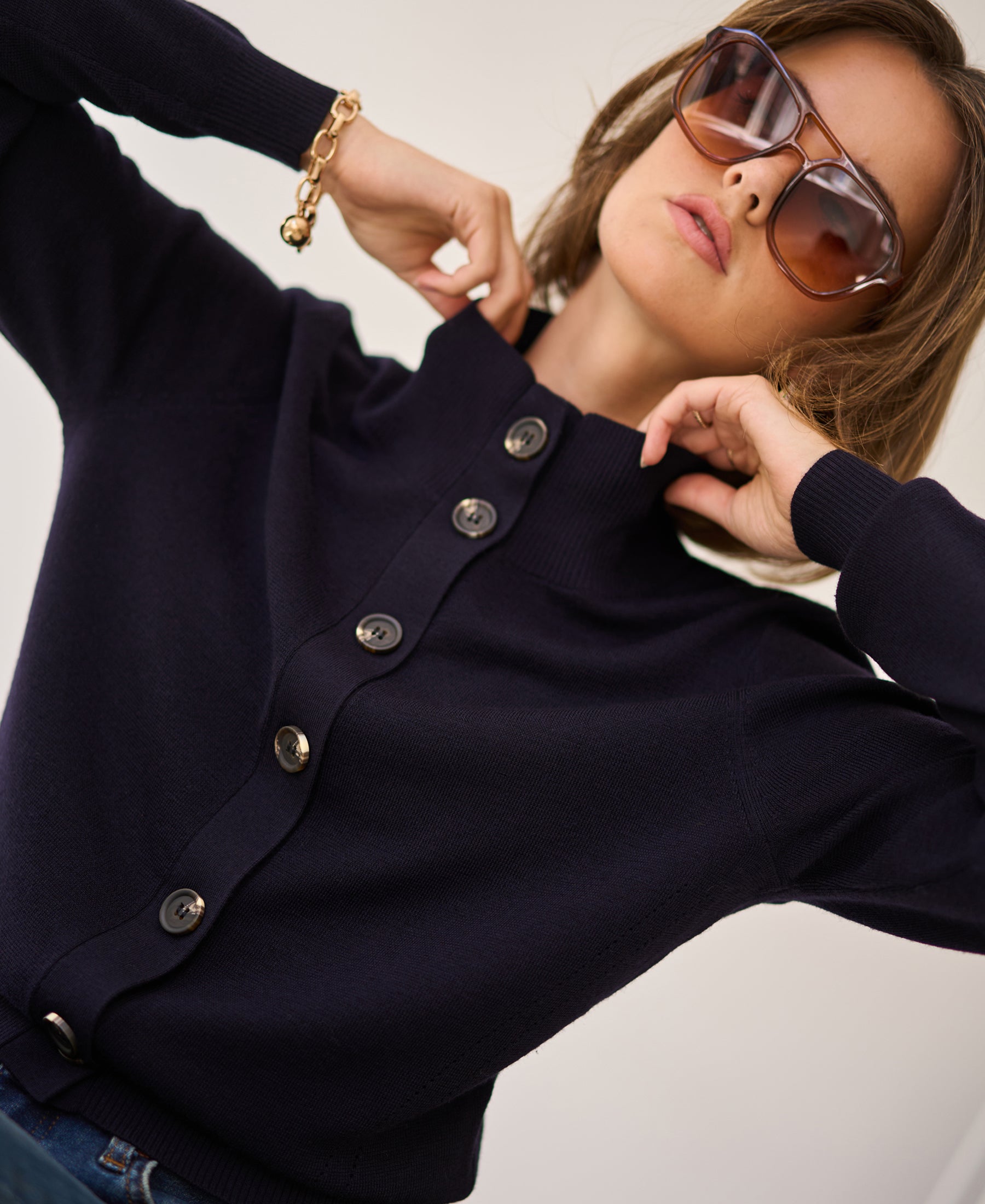 Merino-Strickjacke mit Rollkragen LES SEIZE Dunkelblau