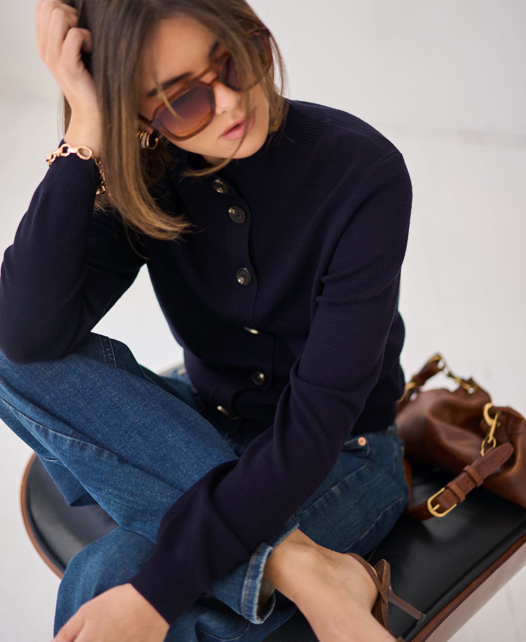 Merino-Strickjacke mit Rollkragen LES SEIZE Dunkelblau