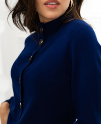 Navy merino wool vest with collar, shown from shoulders to mouth.