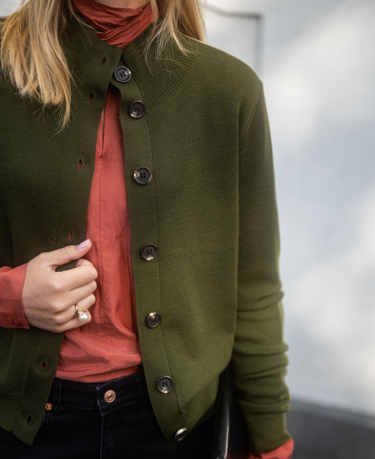 Merino wool turtleneck cardigan LES SEIZE Army