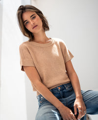 Linen blend summer sweater LE SOLEIL in soft camel shown in bright natural light on a white background.