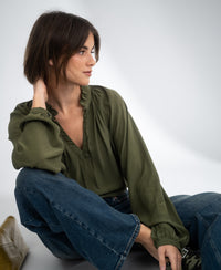 LA SOLENE Blouse with Tie Strings, Dark Olive Green