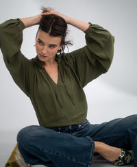 LA SOLENE Blouse with Tie Strings, Dark Olive Green
