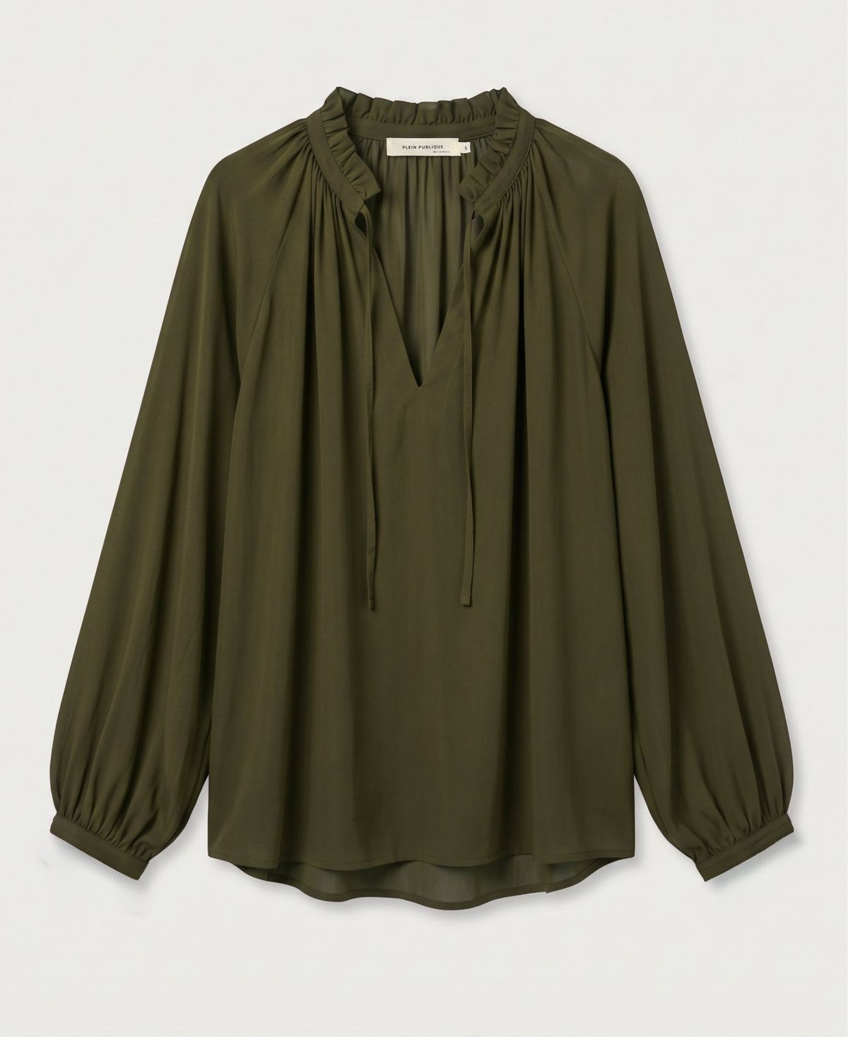 LA SOLENE Blouse with Tie Strings, Dark Olive Green