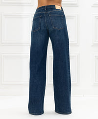 Wide leg jeans in blue heritage, viewed from the back.