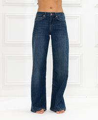 Wide leg jeans in Blue Heritage shown against a white paneled background.