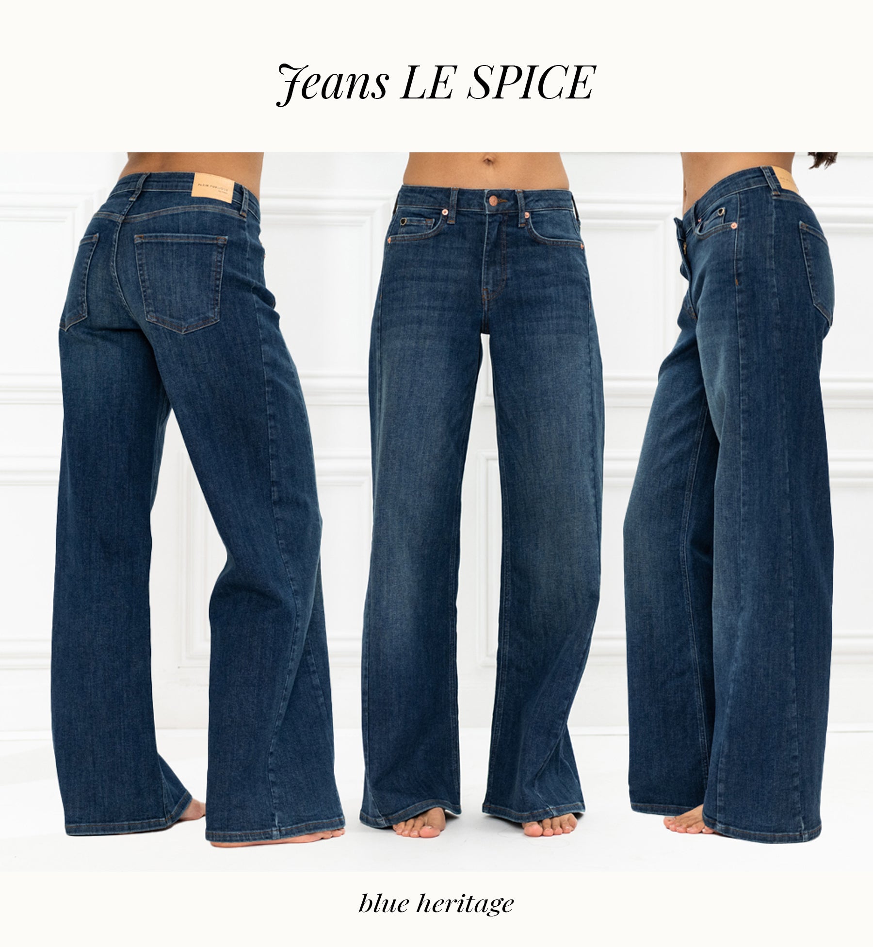 Women wear wide leg blue heritage jeans shown from back, front, and side against a white background.