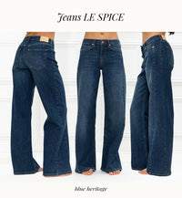 Wide leg jeans in blue heritage denim, LE SPICE style, relaxed fit, shown against a white background.
