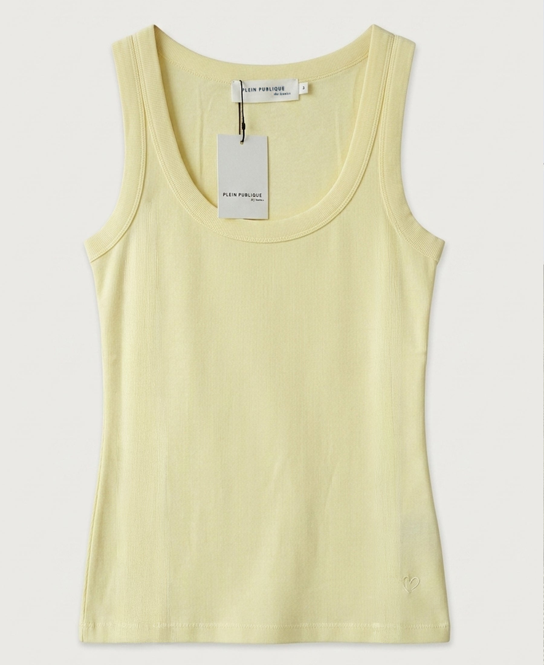 Soft yellow sleeveless ribbed jersey top with scoop neck, shown flat.