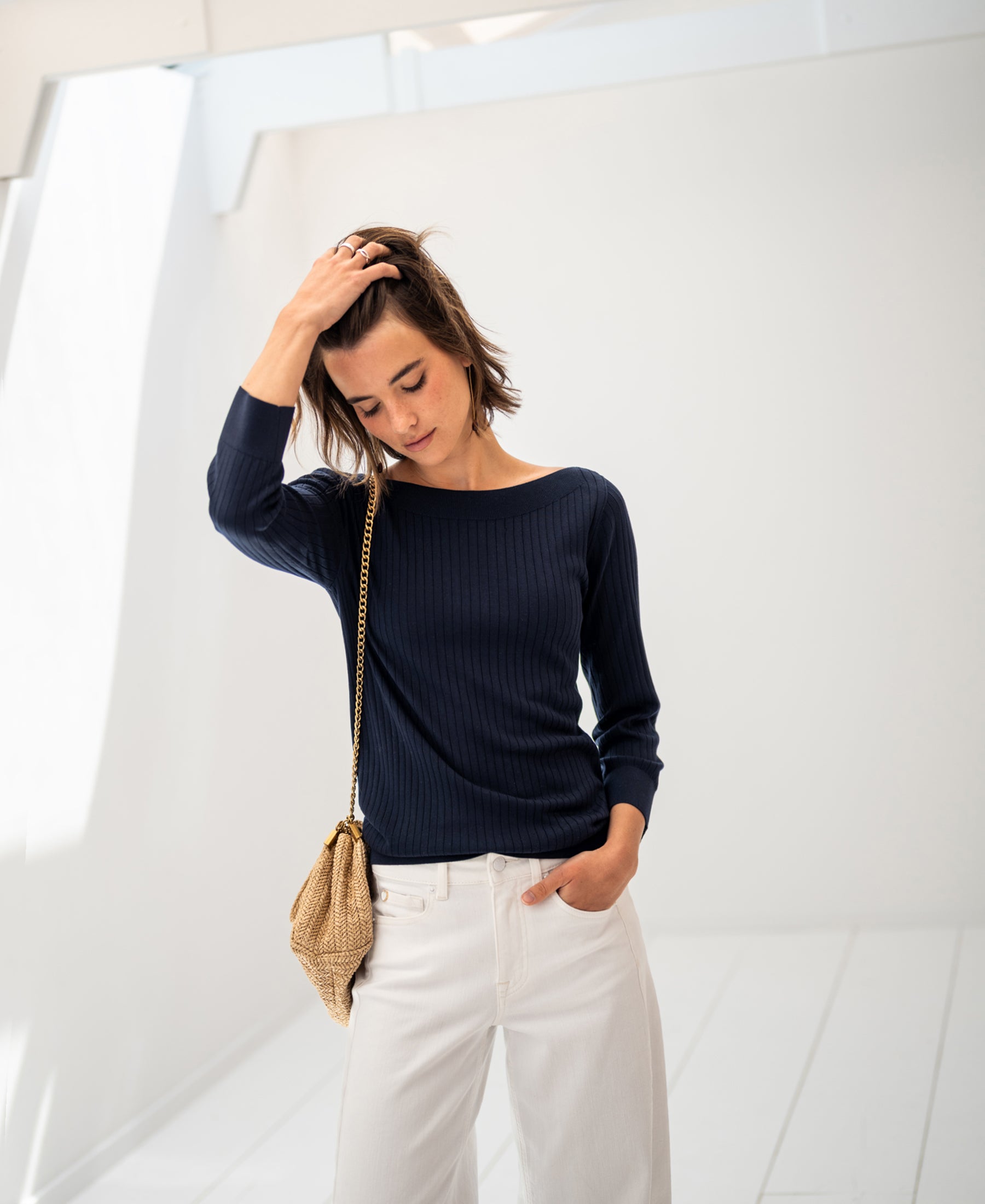 Dark blue boat neck sweater with silk LA TULIPE | Tencel