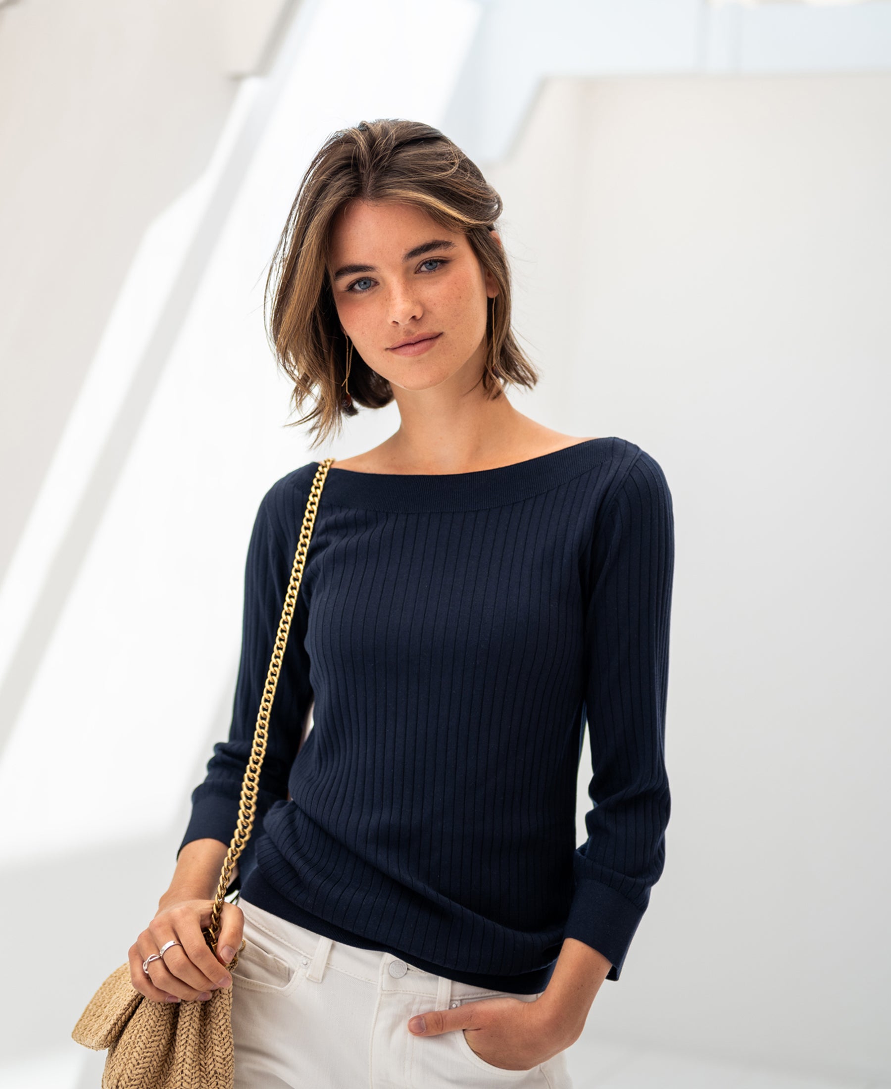 Dark blue boat neck sweater with silk LA TULIPE | Tencel
