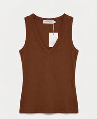 Luxe and soft brown LA VALE sleeveless V-neck stretch rib top by PLEIN PUBLIQUE, with tags, on white background.