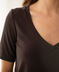 Bamboo T-shirt in chocolate brown, relaxed fit, shown from shoulders to mid-chest.