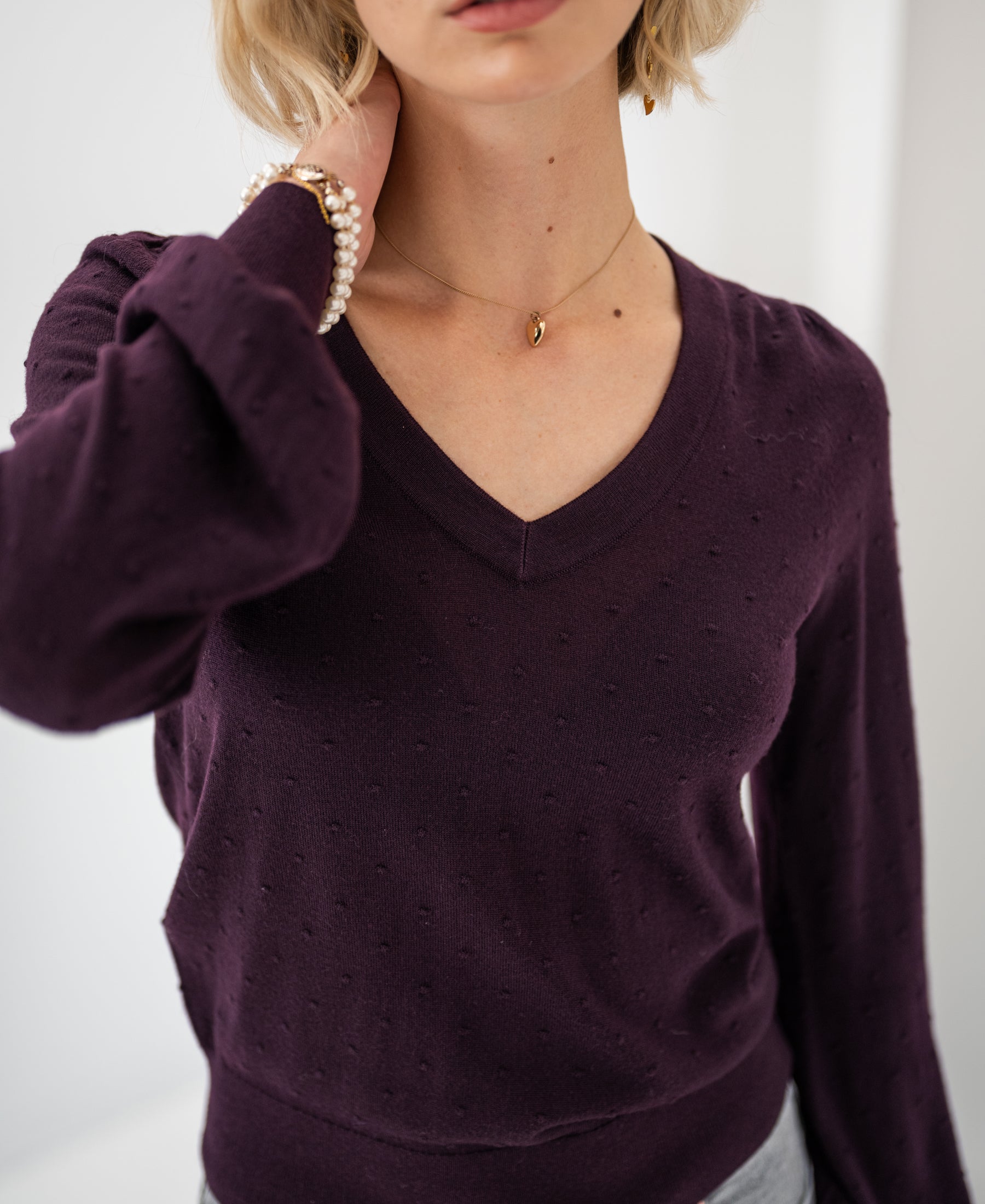Merino V-hals trui LA VICTORIA Aubergine