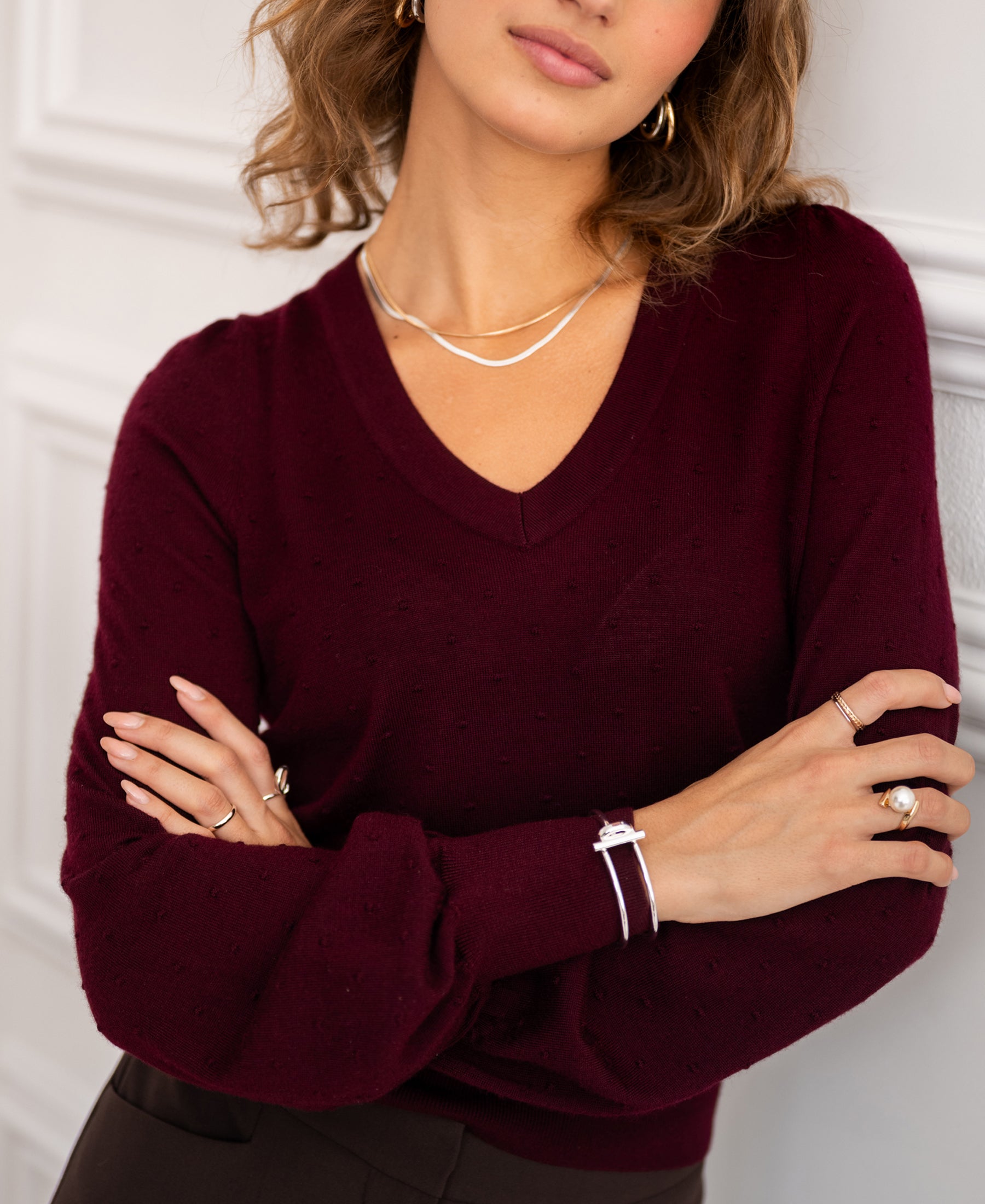 Bordeaux red merino wool V-neck women's sweater | PLEIN PUBLIQUE