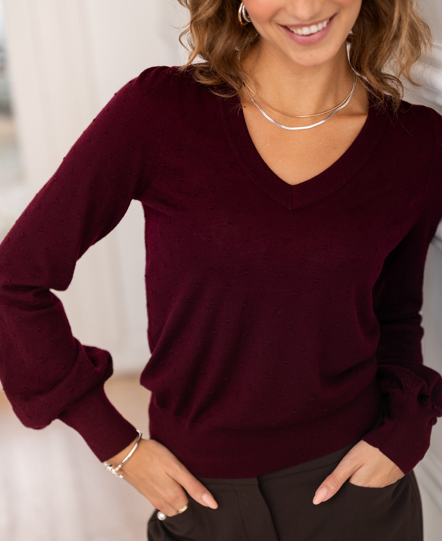 Merino V-hals trui LA VICTORIA Bordeaux