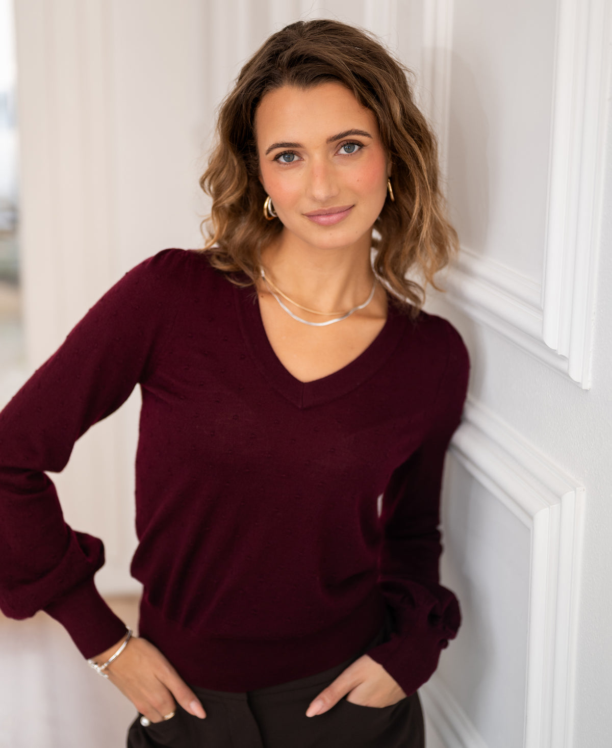 Bordeaux red merino wool V-neck women's sweater PLEIN PUBLIQUE