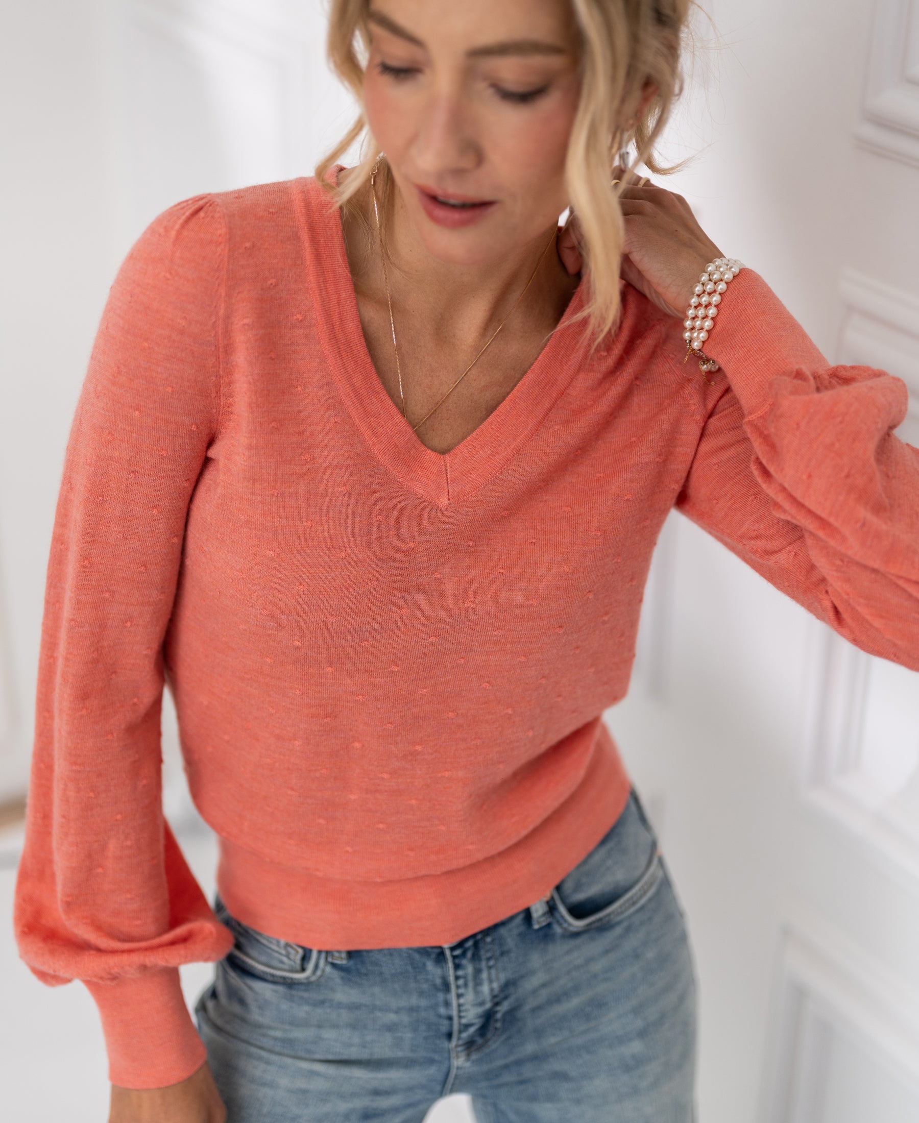 Merino V-hals trui LA VICTORIA Flamingo